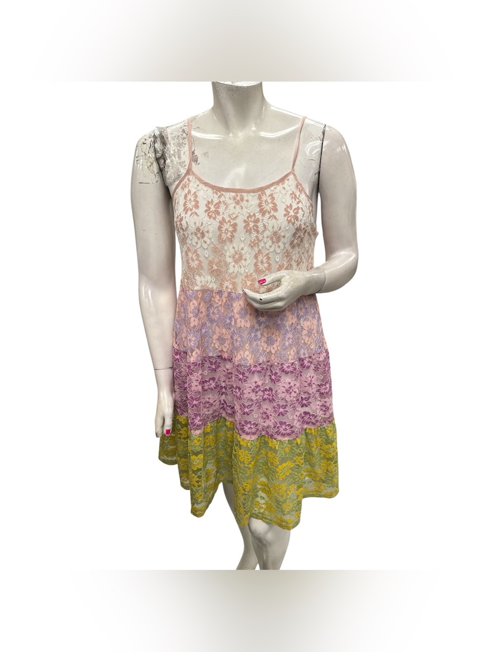Mystree NWT Pink Purple Yellow Lace Tiered Slip Dress Size L